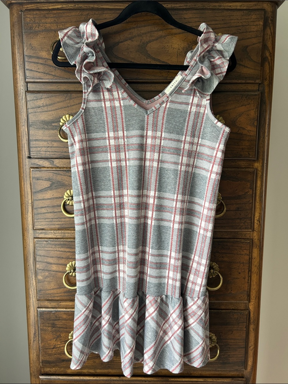 entro Grey and Pink Plaid Ruffle Shoulder Drop-Waist Dress, Size S